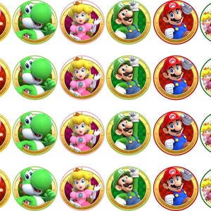 Transfer solo para gelatina en papel bond (Mario Bros) 24 de 1.5 pulgadas redondo.