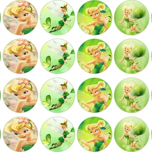 May include: A set of 24 round cupcake toppers featuring Tinkerbell, the fairy from Disney's Peter Pan. Each topper has a different image of Tinkerbell with green, pink, and white backgrounds.