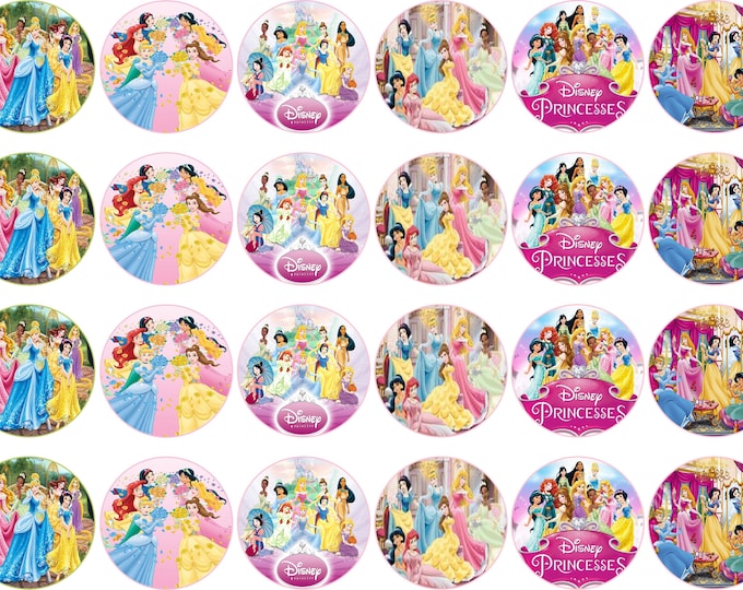 Gelatin-only transfer printed on regular bond multipurpose paper (Princesses) 24 1.5-inch round