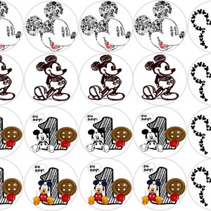 May include: Set of 12 round cupcake toppers featuring black and white illustrations of Mickey Mouse. Some toppers feature Mickey Mouse with the text "Oh Boy!" and the number "1".