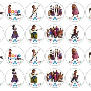 May include: A set of 16 round cupcake toppers featuring characters from the animated film Coco. The toppers feature Miguel, Hector, Dante, Mama Imelda, and other characters from the film. The toppers are printed on white paper with a colorful border.
