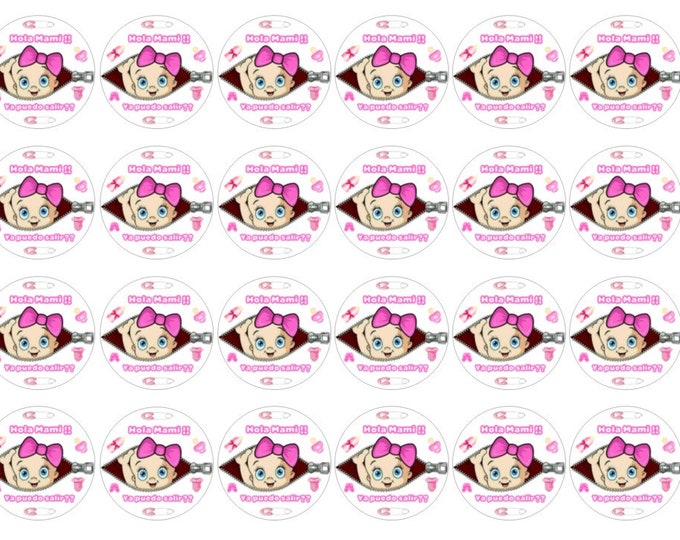 Transfers for gelatin only (Baby shower girl, hello mommy can I go out now) 24 of 1.5 inches round