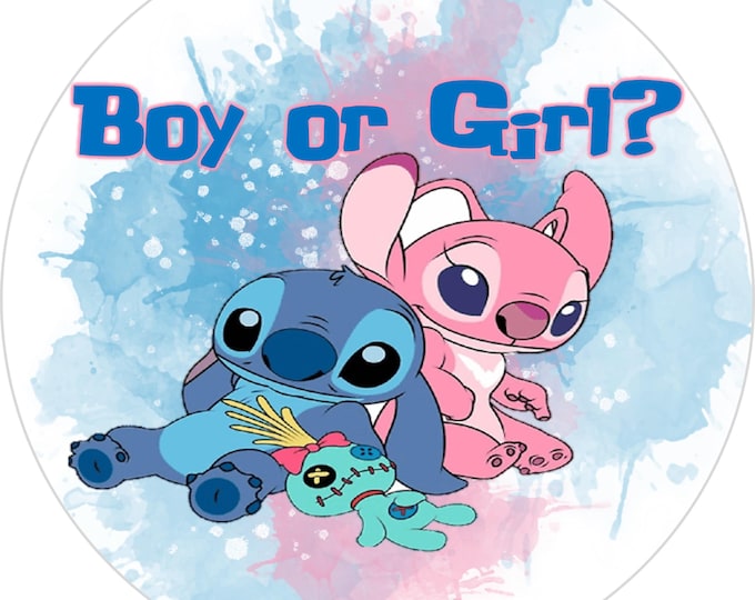 Sugar paper cake topper (Stitch and Angel gender reveal) 8 inches round
