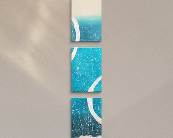 Snowfall – structured acrylic painting, three-part, abstract art on canvas, 25 x 90 cm, each 25 x 30 cm