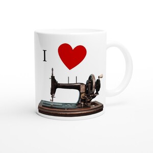 White ceramic mug sewing machine