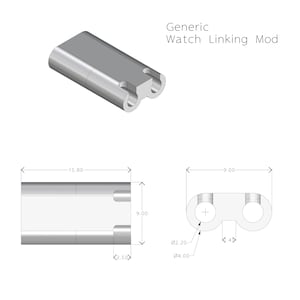 May include: A silver metal watch link connector with a 15.80 inch length, 9.00 inch width, and 2.50 inch height. The connector has two holes with a 4.00 mm diameter and a 2.20 mm diameter.