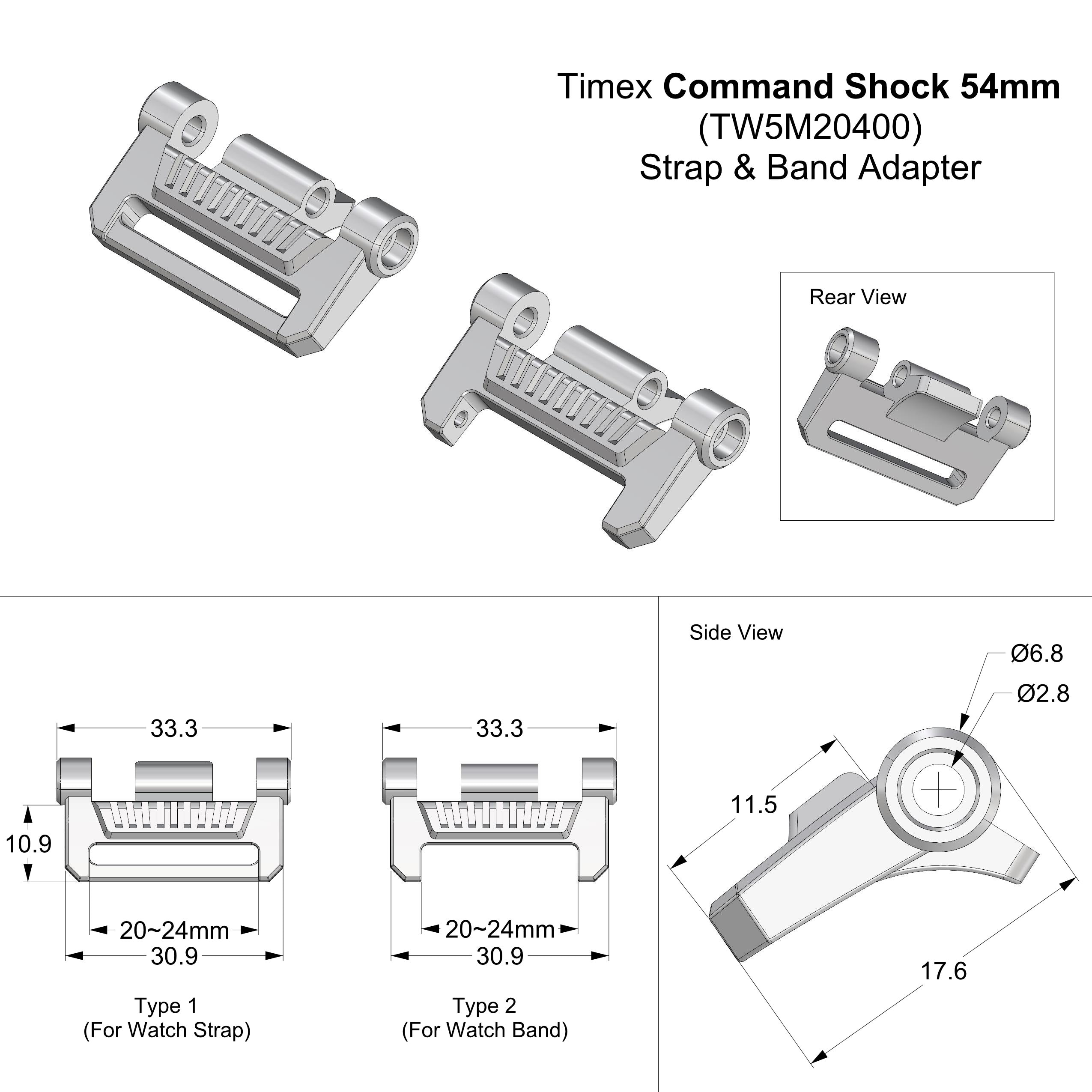 Timex Digital CAT 54 mm TW5M20400、TW5M20600用ストラップアダプター