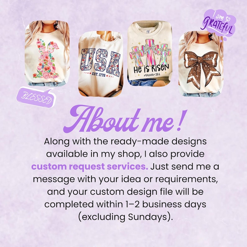 May include: Four cream-colored crewneck sweatshirts featuring graphic prints: a floral bunny, the text USA EST. 1776, three crosses with the text He is Risen Matthew 28:6, and a large brown bow. The text About me! and custom request information are included.