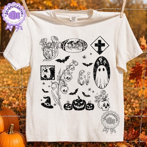 PNG de Halloween retro, PNG de ambiente espeluznante, PNG de calabaza esqueleto divertida, PNG floral de otoño, PNG de calabaza de otoño, PNG de fantasma espeluznante, PNG de fantasma vintage