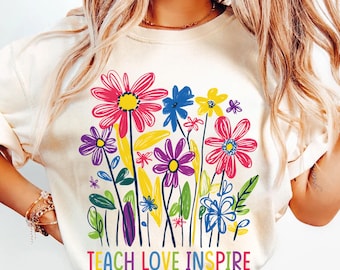 Teach Love Inspire Png, Retro Teacher Floral Png, Teacher Gift Png, Teacher Sublimation, Teacher Shirt Png, Back to School Png, Hand drawn