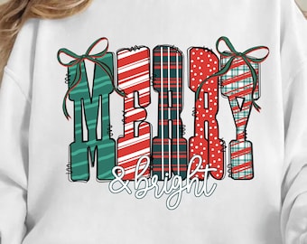 Merry and Bright Sublimation, Christmas Png, Checkered Christmas Png, Christmas Coquette Bow Png, Merry Christmas Png, Christmas Doodle Png