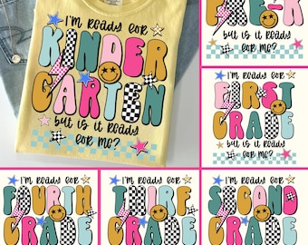 May include: A collection of yellow t-shirts with colorful text designs for different grade levels, including "Kindergarten," "Pre-K," "First Grade," "Second Grade," "Third Grade," and "Fourth Grade." Each shirt features a retro font, stars, lightning bolts, and smiley faces.