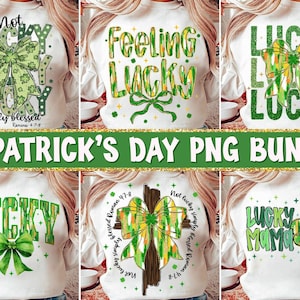 May include: A set of six white sweatshirts with green, yellow, and black shamrock and clover designs. The text on the sweatshirts includes "Not Lucky Simply Blessed", "Feeling Lucky", "Lucky", "Lucky Mama", "Not Lucky Simply Blessed", and "Lucky".