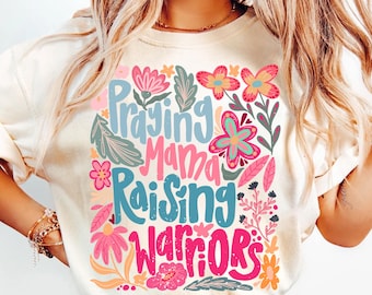 Praying Mama Raising Warriors PNG, Boho Floral, Hand Drawn (Digital Download)