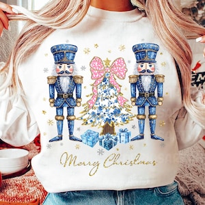 Glitter Chinoiserie Christmas Tree Png, Christmas Png, Merry Christmas Png, Christmas Nutcrackers Png, Blue Floral, Christmas Coquette Bow
