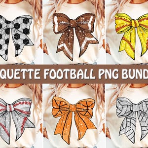 Puede incluir: Un paquete de descarga digital de 10 diseños de sublimación que presentan un lazo con varios patrones de temática deportiva. Los lazos son de diferentes colores, incluidos el negro, el blanco, el rojo, el azul, el amarillo y el naranja. Los patrones incluyen pelotas de béisbol, fútbol americano y fútbol.