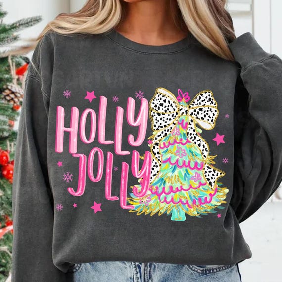 Colorful Glitter Holly Jolly Png, Christmas Png, Glitter Coquette Christmas Tree Png, Christmas Png, Christmas Coquette Png, Brushstroke