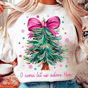 Árbol de Navidad con purpurina, coqueta, PNG, Navidad, lazo de Navidad rosa, PNG, Oh, venid y adorémoslo, PNG, Holly Jolly, arte de acuarela