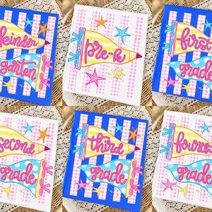 May include: A collection of six square signs featuring school grade levels. Each sign displays two pennant-shaped pencil graphics with pink cursive text. The backgrounds alternate between blue and white stripes or pink and white gingham patterns.