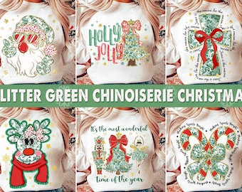 Glitter Green Chinoiserie Christmas PNG Bundle (Digital Download)