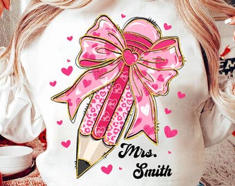 Teacher Valentine Coquette Bow Pencil Png, Glitter Valentine Teacher Heart Png, Teacher Gift Png, Valentine's Day Teacher Png, Leopard print