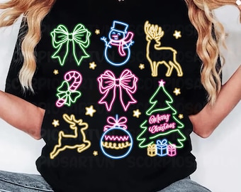 Neon Christmas Clipart PNG, Coquette Bow Design (Digital Download)