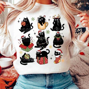 黒猫のクリスマス PNG、クリスマス PNG、かわいいクリスマス猫 PNG、猫好き PNG、メリー ウーフマス PNG、レトロなクリスマス PNG、クリスマス シャツ デザイン