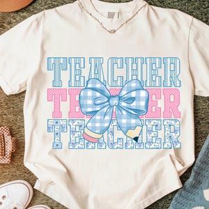 Preppy Teacher Pencil Bow Png, Teacher Png, Teacher Shirt Png,Teach Love Inspire Png, Gift for Teacher, Grandmillennial, Pencil Coquette Png