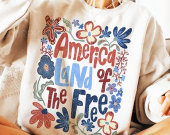 America Land Of The Free Png, Retro Floral 4th of July Png, Retro Boho Flower Png, Girly USA Png, Independence Day Png, Patriotic png