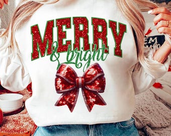 Merry and Bright Christmas Glitter Bow PNG, Shirt Design (Digital Download)