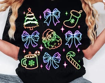 Neon Christmas Clipart, Sparkly Lights, Coquette Bows (PNG Digital Download)