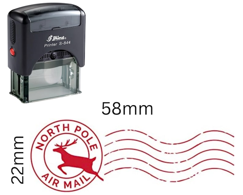 May include: Red self-inking stamp with a reindeer and the text "North Pole Air Mail" in a circle. The stamp is 2.2 inches in diameter and has a wavy line design.
