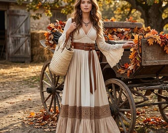 Boho Dress Lace Trim Maxi Dress V Neck Flare Sleeve Flowy Dress Women's Casual Dress Vintage Dress Party Vacation Dress