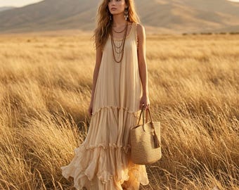 Boho-Maxikleid, Sommerkleid mit Rüschen, Falten und fließendem Schnitt, Damen-Urlaubskleid, Strandkleid, lockeres Sommerkleid, Boho-Maxikleid