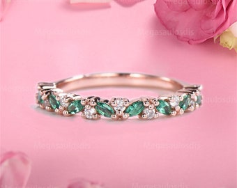 Vintage Marquise Emerald Wedding Band Rose Gold Moissanite Stacking Band Anniversary Promise Stack Matching Band Bridal Gift Ring For Women