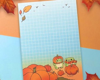 A6 Notizblock Kürbisfeld | Herbst Schreibblock mit Fröschen | Cozy Notizblock | Pumpkin Patch Memo Block | Herbst Geschenk