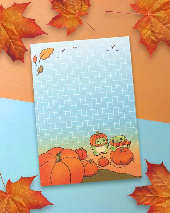 A6 Notizblock Kürbisfeld | Herbst Schreibblock mit Fröschen | Cozy Notizblock | Pumpkin Patch Memo Block | Herbst Geschenk