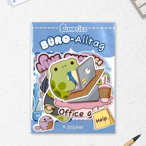 Könnte beinhalten: Ein Sticker-Pack mit einem Frosch, der an einem Laptop arbeitet, mit dem Text "Office grind" und "Help". Das Pack enthält auch Aufkleber mit einer Kaffeetasse und anderen Büro-Grafiken. Das Pack ist mit "SUMPRIES BÜRO-Alltag" beschriftet und enthält 9 Sticker.