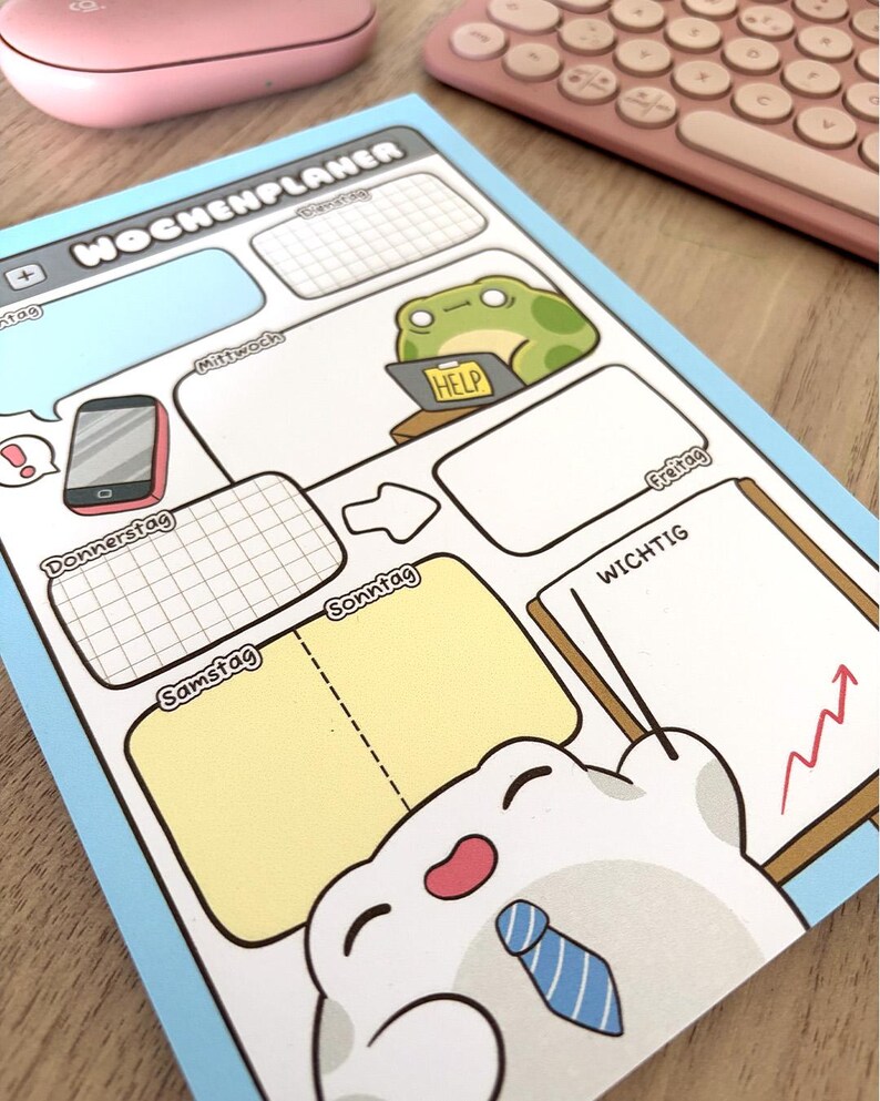May include: A light blue weekly planner sheet titled Wochenplaner with sections for days of the week. It features cartoon illustrations of a green frog with a laptop labelled HELP and a white character with a blue tie pointing at a Wichtig note.