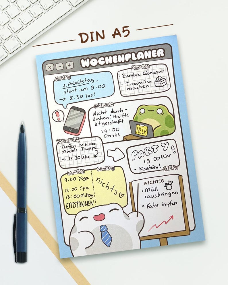 May include: A DIN A5 weekly planner sheet with a light blue border, featuring a digital interface design. It includes handwritten German text, cartoon illustrations of a frog and a character with a tie, and sections for daily tasks and notes.