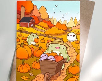 Herbst Deko Kürbisfeld | gemütliche Kürbis Wanddeko für dein Wohnzimmer | saisonales Poster | herbstliche Frosch Illustration