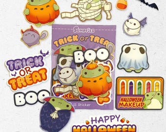 May include: A collection of Halloween-themed stickers featuring frogs in costumes, ghosts, bats, and candy corn. The set includes a purple package labeled Sumpfies Trick or Treat with 11 stickers, displaying text like Boo, Trick or Treat, and Happy Halloween.