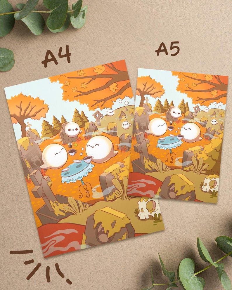 May include: Two art prints, labeled A4 and A5, feature a whimsical graveyard scene. The illustration showcases cartoon ghosts enjoying tea, surrounded by orange trees and tombstones. The color palette includes orange, brown, and light blue.