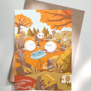 May include: A whimsical illustration depicts friendly ghosts enjoying tea in a graveyard setting. The artwork features a light blue table, tombstones, and autumn foliage in shades of orange and brown. A skull is visible in the lower right corner.