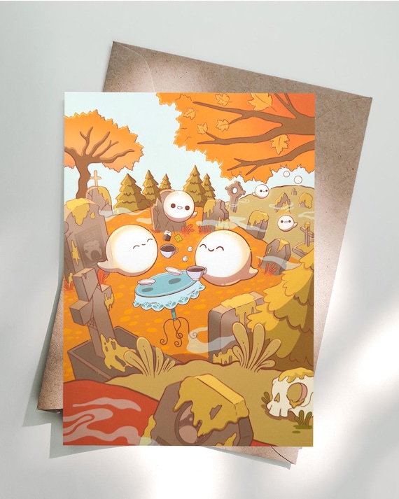 Herbst Deko Geister | gemütliche Herbst Wanddeko für dein Wohnzimmer | saisonales Poster | süße Geist Teaparty Illustration
