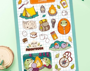 Wald Camping Stickerbogen | Frosch Sticker für Journaling | Zelten, Abenteuer Illustrationen | Kawaii Marshmallows
