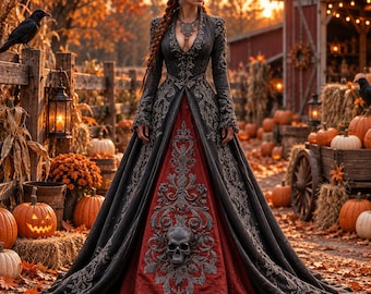 Gothic Skull Print Dress, Victorian Printed Maxi Gown, Halloween Witch Costume, Gothic Retro Fancy Dress, Plus Size Gothic Dress