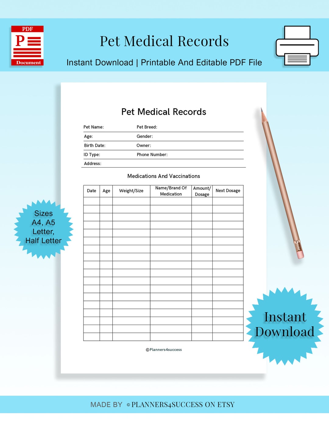 Printable Pet Medical Record Tracker Editable Pet Health Etsy UK
