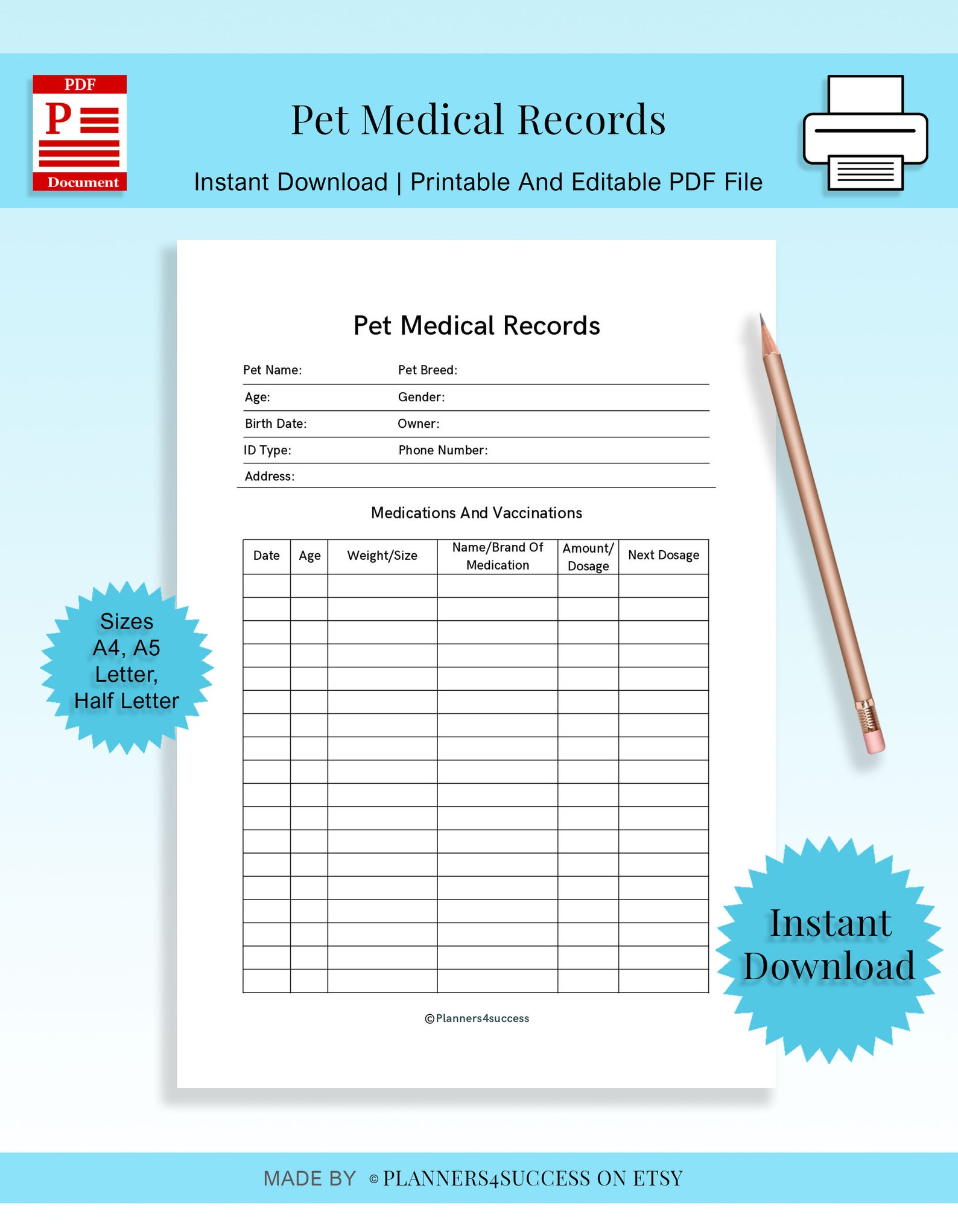 Printable Pet Medical Record Tracker Editable Pet Health Etsy UK