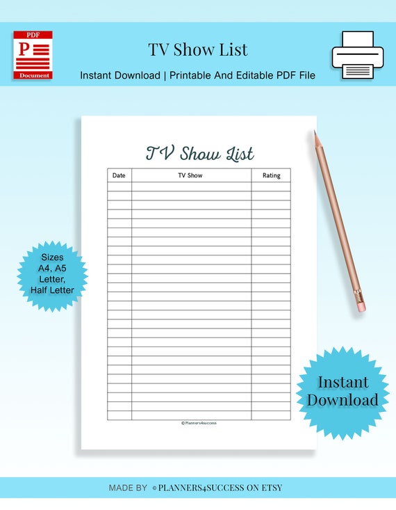 Printable TV Show List Editable List Bucket List Series - Etsy
